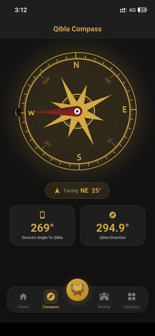 Eemaan App Qibla compass showing accurate direction to Kaaba in Makkah